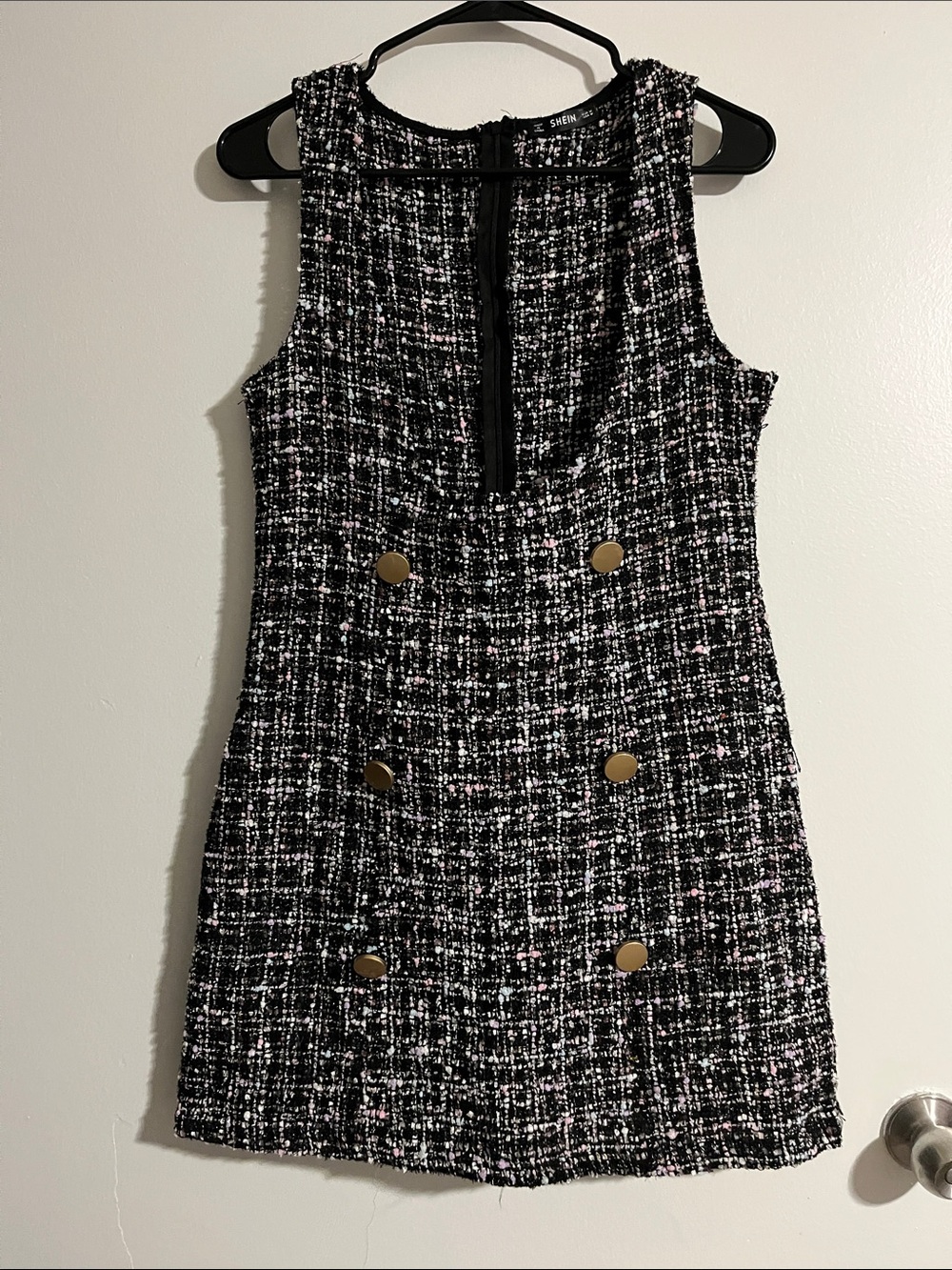 SHEIN Black Tweed Shift Dress with Gold Buttons